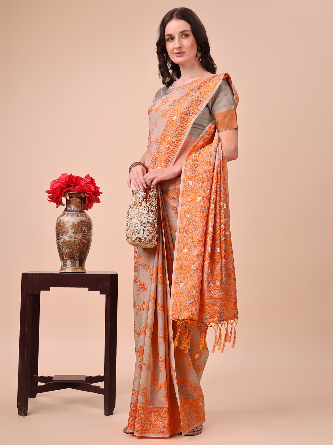 Beige & Orange Banarasi Cotton Saree with Floral Zari Work and Traditional Pallu