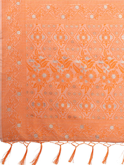 Beige & Orange Banarasi Cotton Saree with Floral Zari Work and Traditional Pallu