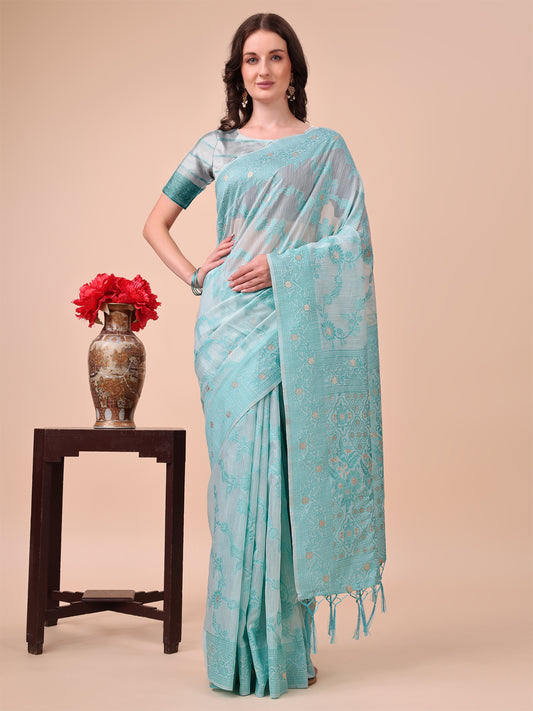 Beige & Sky Blue Banarasi Cotton Saree with Floral Zari Work and Traditional Pallu