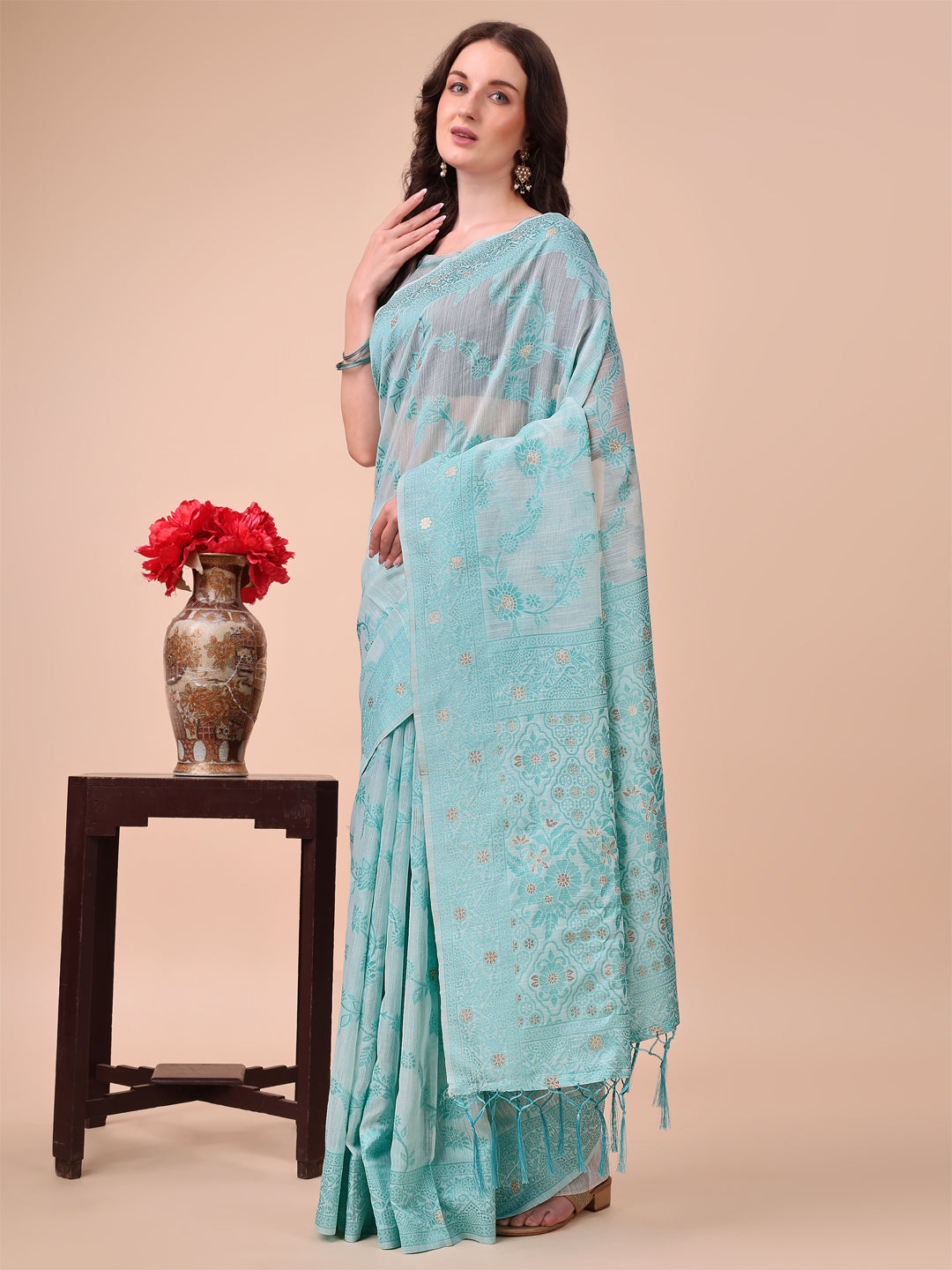Beige & Sky Blue Banarasi Cotton Saree with Floral Zari Work and Traditional Pallu