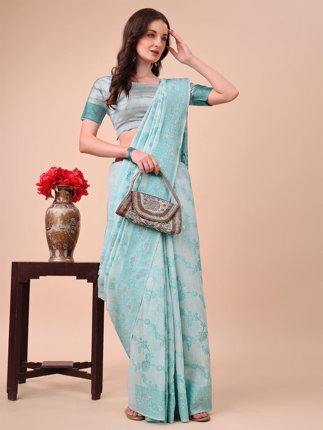 Beige & Sky Blue Banarasi Cotton Saree with Floral Zari Work and Traditional Pallu