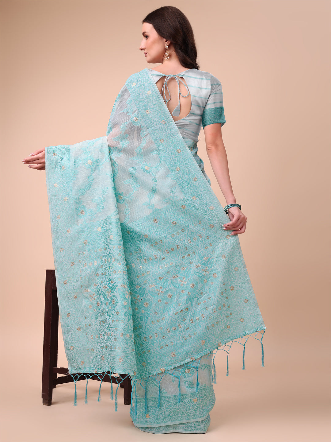 Beige & Sky Blue Banarasi Cotton Saree with Floral Zari Work and Traditional Pallu