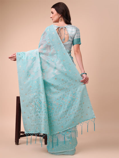 Beige & Sky Blue Banarasi Cotton Saree with Floral Zari Work and Traditional Pallu