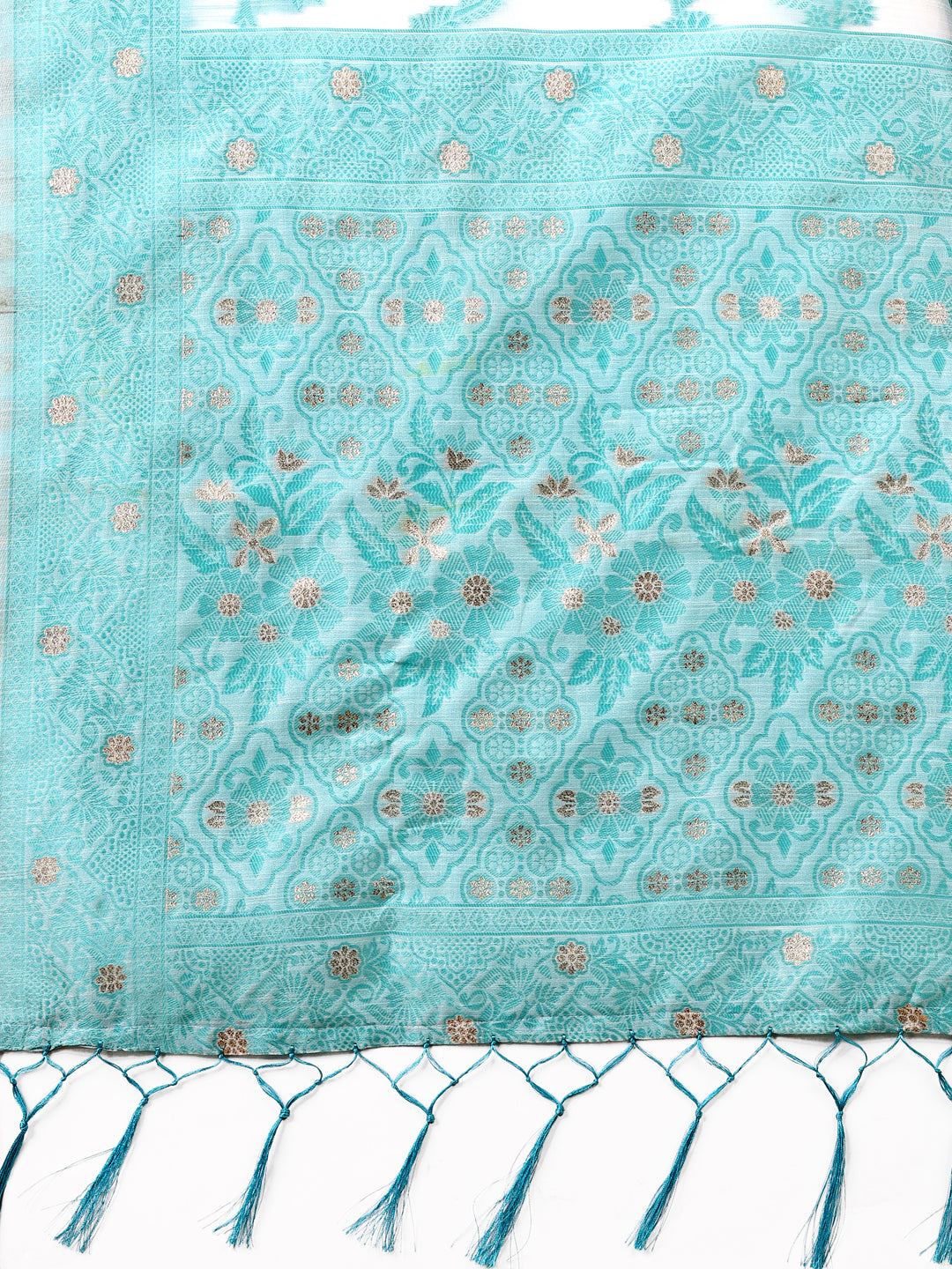 Beige & Sky Blue Banarasi Cotton Saree with Floral Zari Work and Traditional Pallu