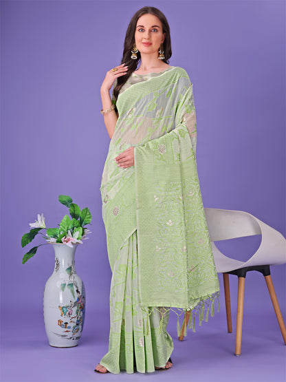 Astita Light Green Lichi Silk Saree with Floral Weaving & Tassel Pallu – Elegant Festive & Party Wear Saree