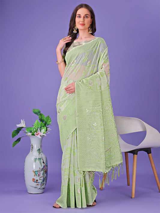 Astita Light Green Lichi Silk Saree with Floral Weaving & Tassel Pallu – Elegant Festive & Party Wear Saree