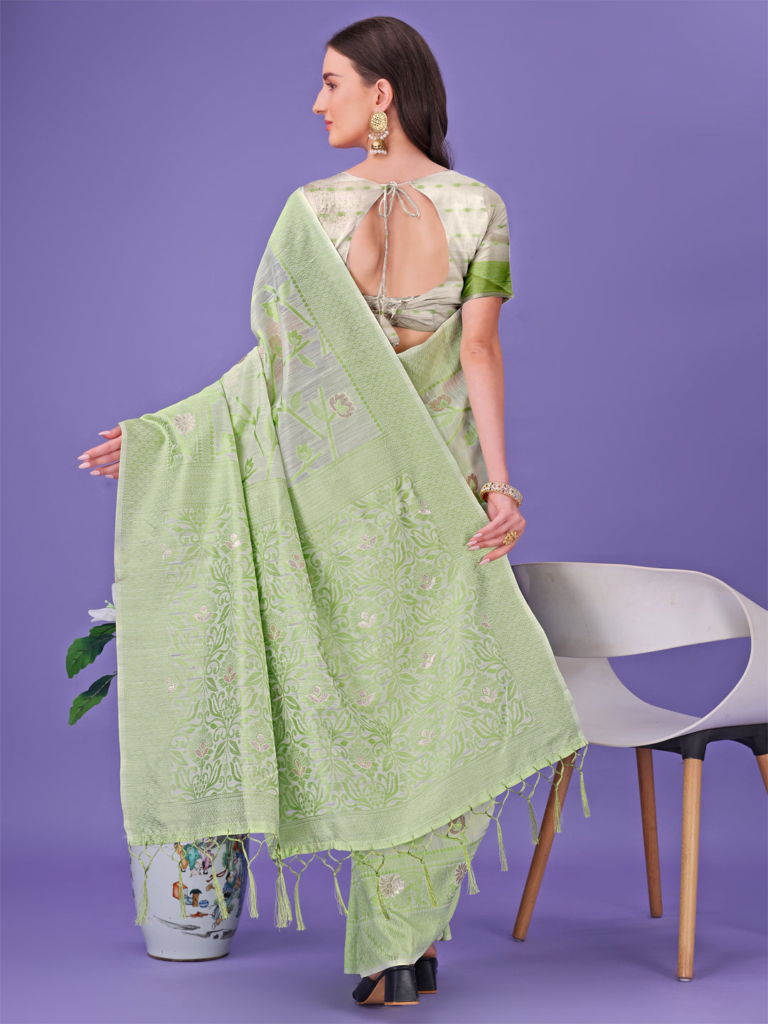 Astita Light Green Lichi Silk Saree with Floral Weaving & Tassel Pallu – Elegant Festive & Party Wear Saree