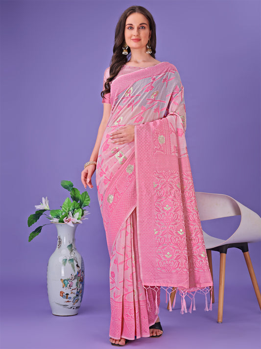 Astita Light Pink Lichi Silk Saree with Floral Weaving & Tassel Pallu – Elegant Festive & Party Wear Saree