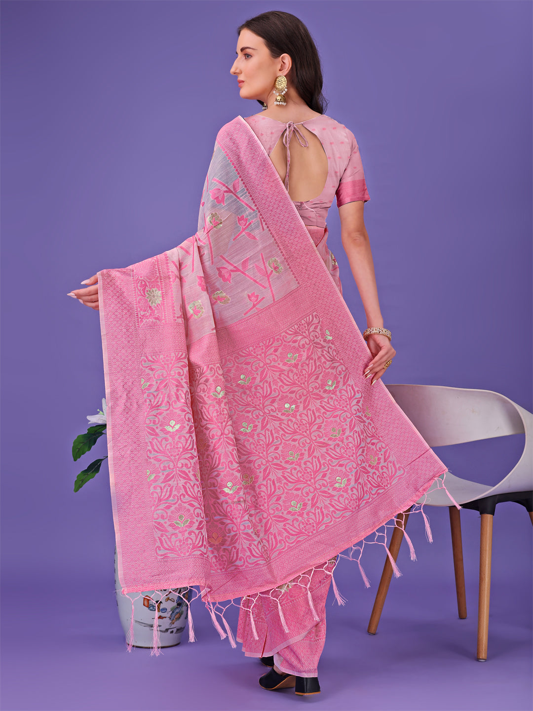 Astita Light Pink Lichi Silk Saree with Floral Weaving & Tassel Pallu – Elegant Festive & Party Wear Saree