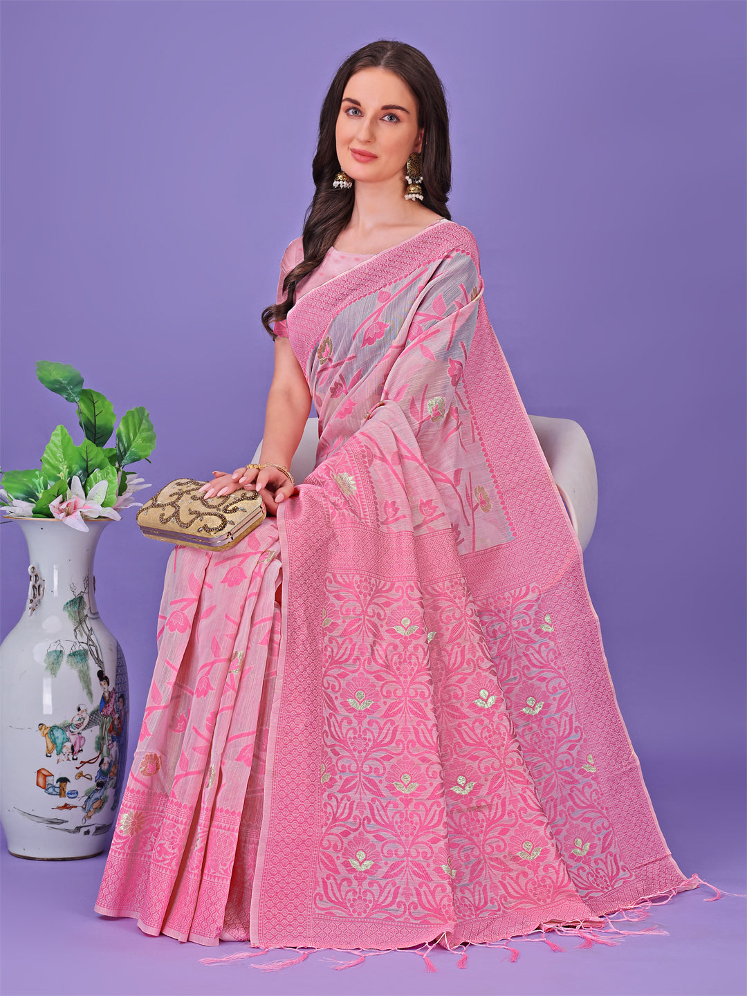 Astita Light Pink Lichi Silk Saree with Floral Weaving & Tassel Pallu – Elegant Festive & Party Wear Saree