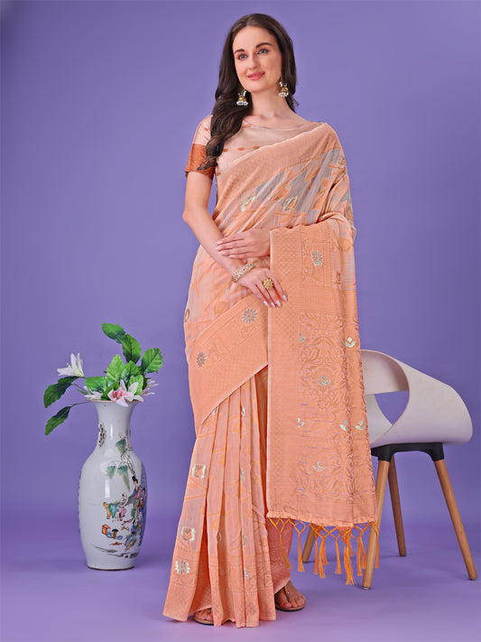 Astita Peach Lichi Silk Saree with Floral Weaving & Tassel Pallu – Elegant Festive & Party Wear Saree