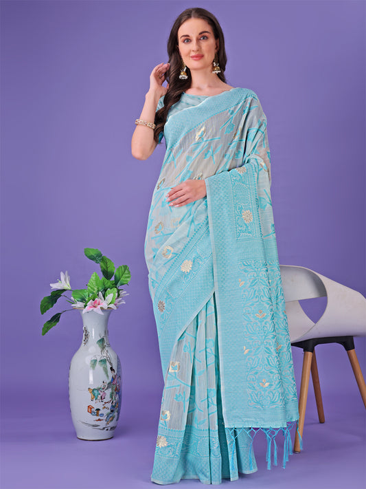 Astita Sky Blue Lichi Silk Saree with Floral Weaving & Tassel Pallu – Elegant Festive & Party Wear Saree