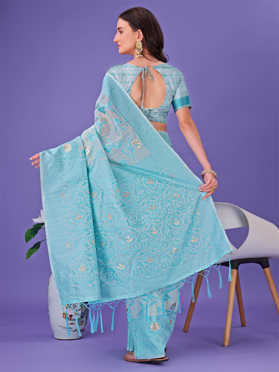 Astita Sky Blue Lichi Silk Saree with Floral Weaving & Tassel Pallu – Elegant Festive & Party Wear Saree