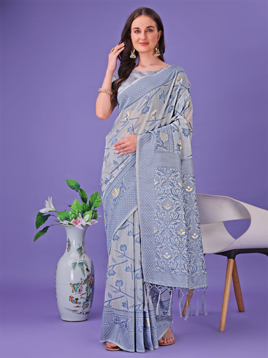 Astita Grey Lichi Silk Saree with Floral Weaving & Tassel Pallu – Elegant Festive & Party Wear Saree