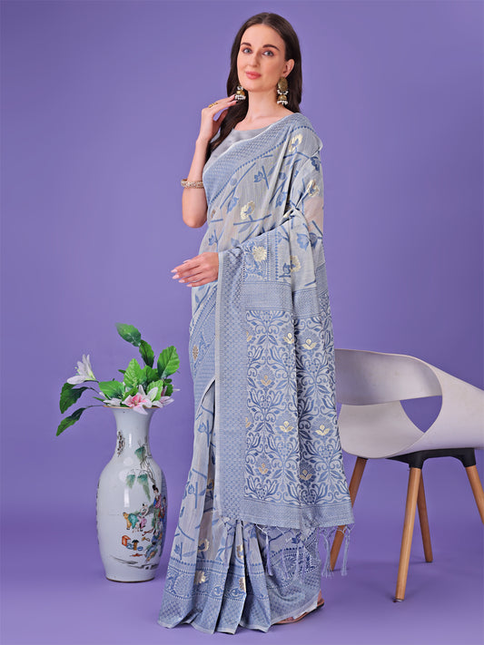 Astita Grey Lichi Silk Saree with Floral Weaving & Tassel Pallu – Elegant Festive & Party Wear Saree