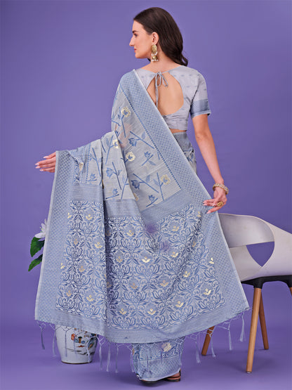 Astita Grey Lichi Silk Saree with Floral Weaving & Tassel Pallu – Elegant Festive & Party Wear Saree