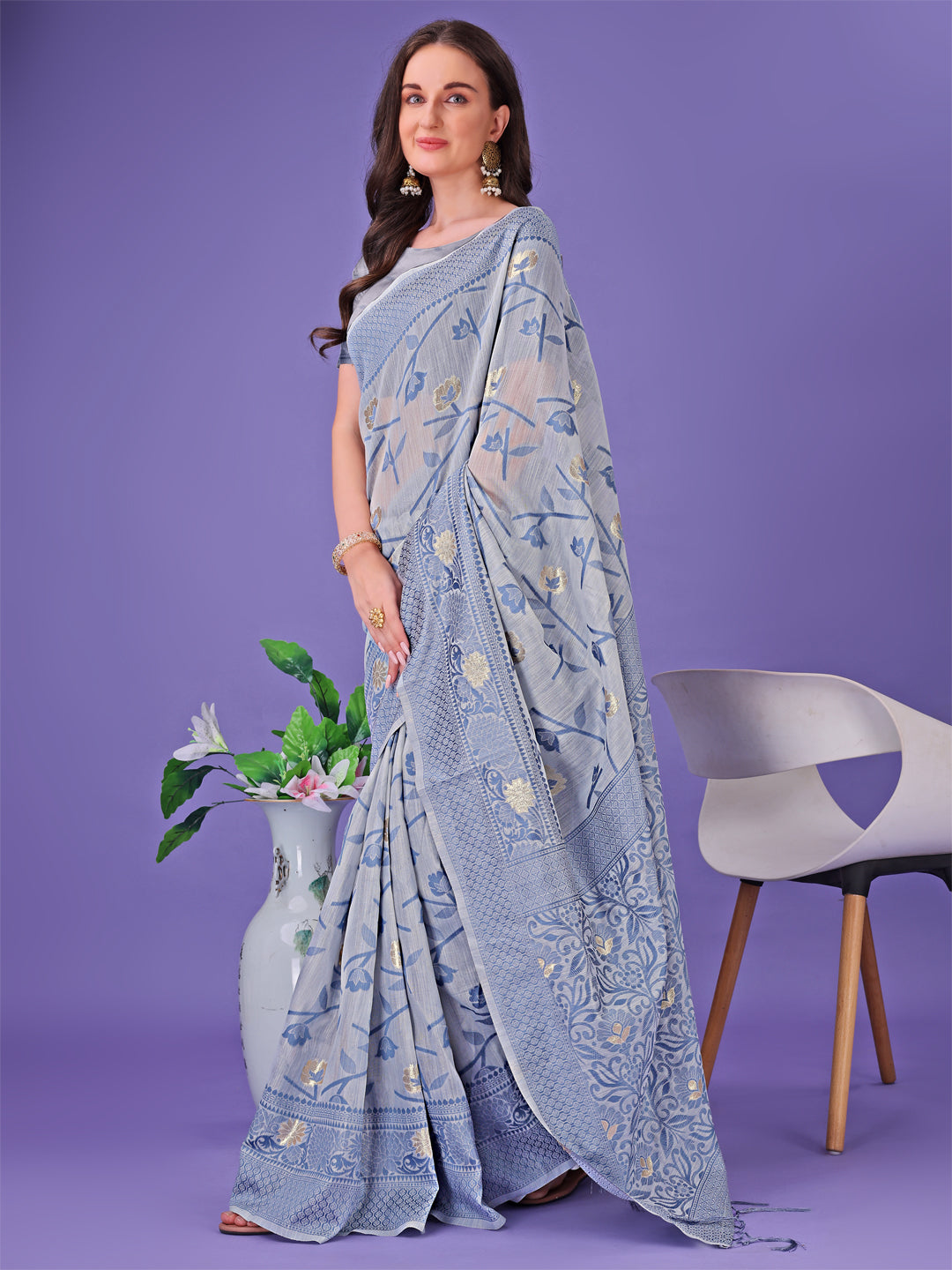 Astita Grey Lichi Silk Saree with Floral Weaving & Tassel Pallu – Elegant Festive & Party Wear Saree