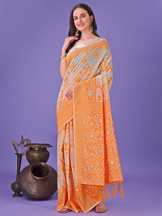 Astita Orange Lichi Silk Saree with Floral Weaving & Tassel Pallu – Elegant Festive & Party Wear Saree