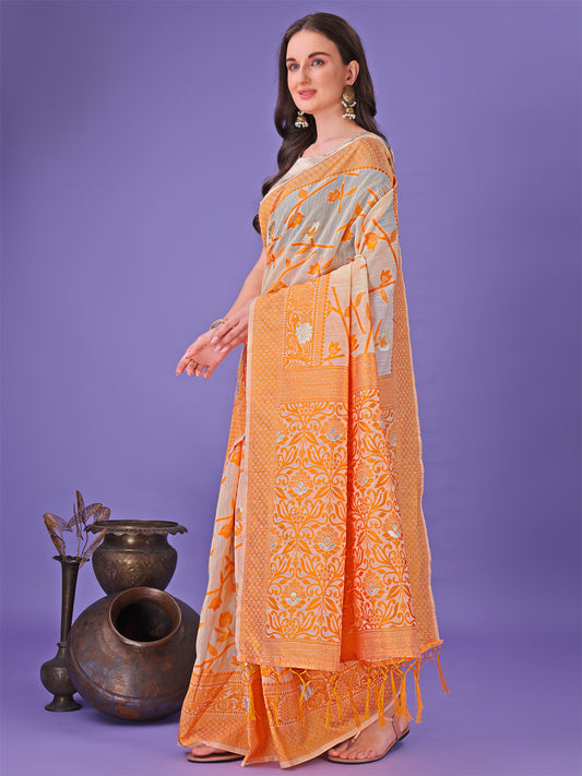 Astita Orange Lichi Silk Saree with Floral Weaving & Tassel Pallu – Elegant Festive & Party Wear Saree