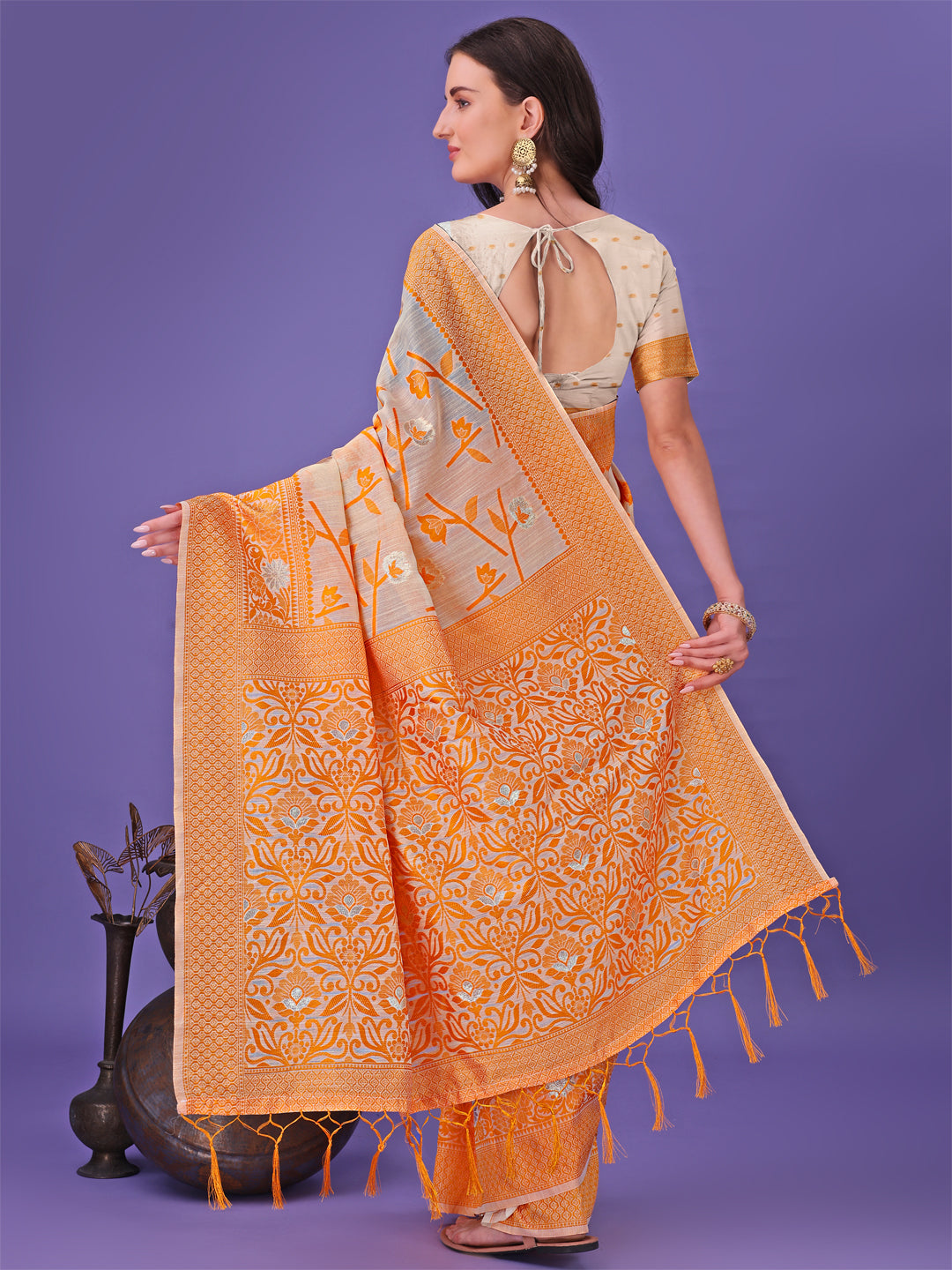 Astita Orange Lichi Silk Saree with Floral Weaving & Tassel Pallu – Elegant Festive & Party Wear Saree