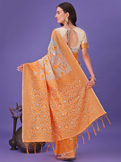 Astita Orange Lichi Silk Saree with Floral Weaving & Tassel Pallu – Elegant Festive & Party Wear Saree