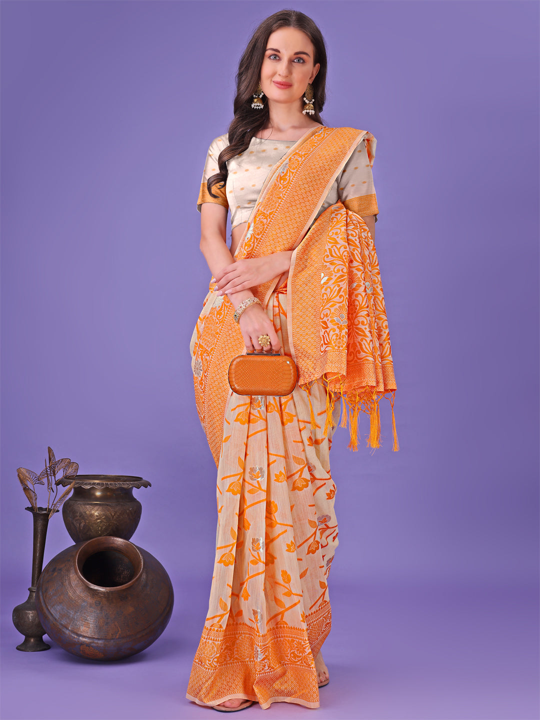 Astita Orange Lichi Silk Saree with Floral Weaving & Tassel Pallu – Elegant Festive & Party Wear Saree