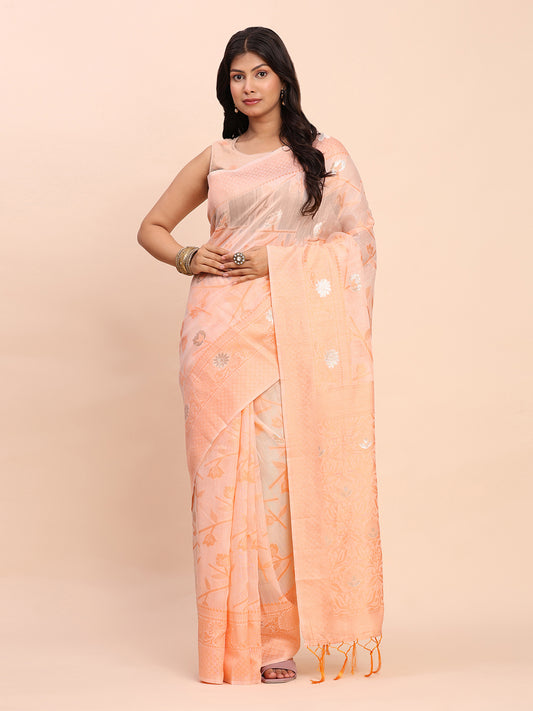 Astita Beige & Peach Banarasi Cotton Saree with Floral Zari Work and Traditional Pallu – Elegant Ethnic Wear for Festivals & Ceremonies