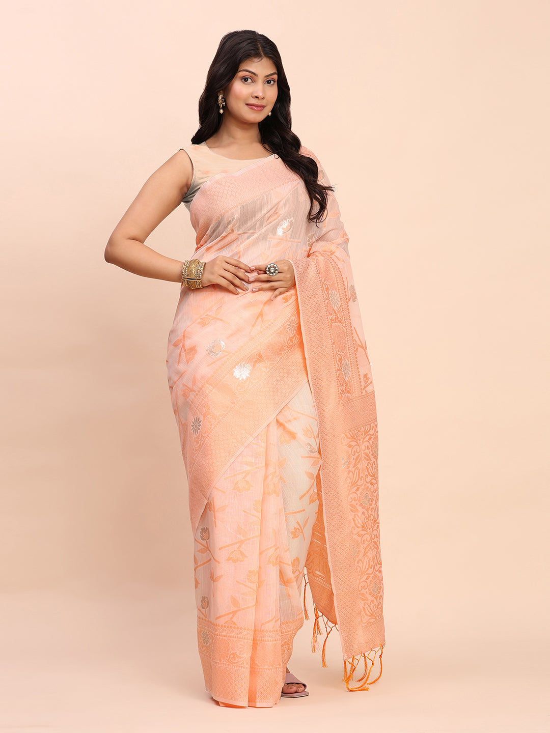 Astita Beige & Peach Banarasi Cotton Saree with Floral Zari Work and Traditional Pallu – Elegant Ethnic Wear for Festivals & Ceremonies