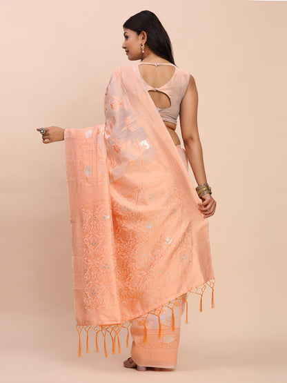 Astita Beige & Peach Banarasi Cotton Saree with Floral Zari Work and Traditional Pallu – Elegant Ethnic Wear for Festivals & Ceremonies