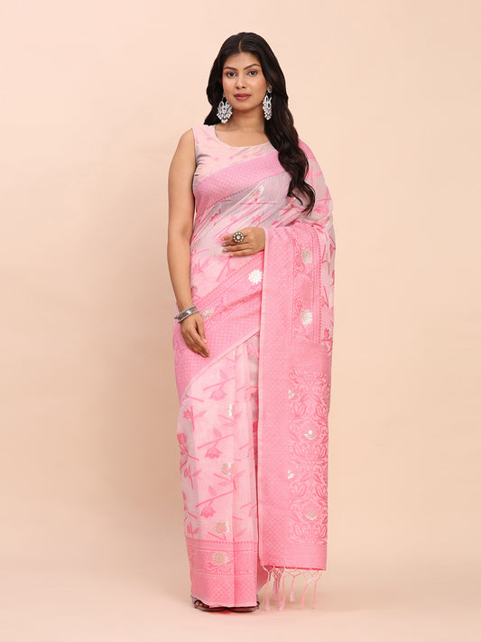 Astita Beige & Pink Banarasi Cotton Saree with Floral Zari Work and Traditional Pallu – Elegant Ethnic Wear for Festivals & Ceremonies
