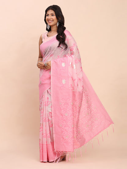 Astita Beige & Pink Banarasi Cotton Saree with Floral Zari Work and Traditional Pallu – Elegant Ethnic Wear for Festivals & Ceremonies