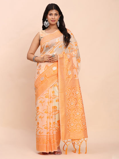 Astita Beige & Orange Banarasi Cotton Saree with Floral Zari Work and Traditional Pallu – Elegant Ethnic Wear for Festivals & Ceremonies