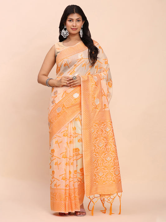 Astita Beige & Orange Banarasi Cotton Saree with Floral Zari Work and Traditional Pallu – Elegant Ethnic Wear for Festivals & Ceremonies