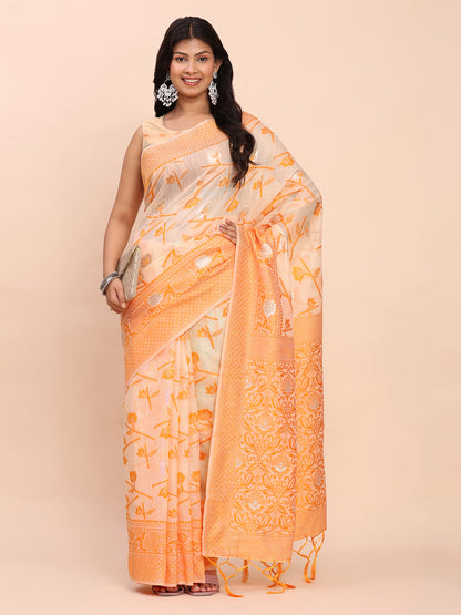 Astita Beige & Orange Banarasi Cotton Saree with Floral Zari Work and Traditional Pallu – Elegant Ethnic Wear for Festivals & Ceremonies