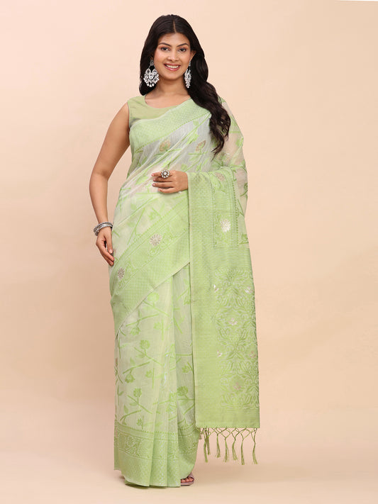 Astita Beige & Light Green Banarasi Cotton Saree with Floral Zari Work and Traditional Pallu – Elegant Ethnic Wear for Festivals & Ceremonies
