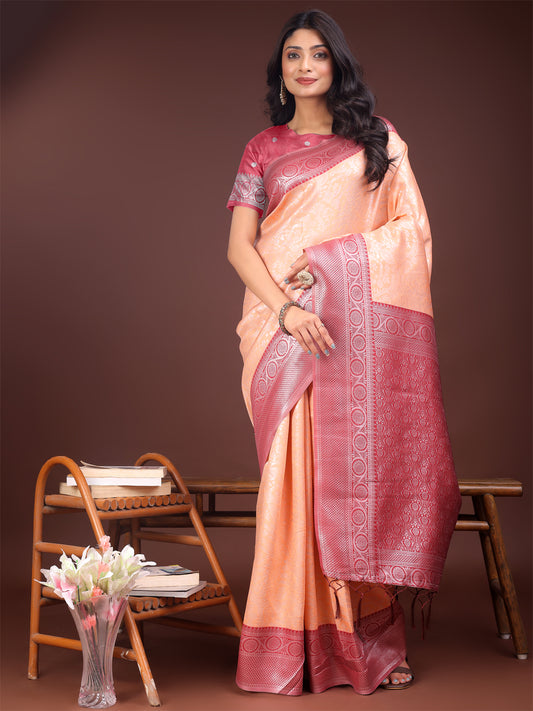 Astita Graceful Orange & Maroon Banarasi Silk Saree with Rich Zari Woven Border – Traditional Elegance for Celebrations