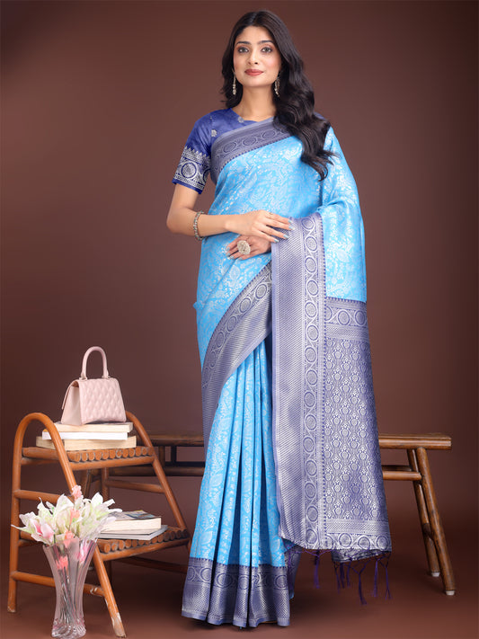 Astita Graceful Sky Blue & Blue Banarasi Silk Saree with Rich Zari Woven Border – Traditional Elegance for Celebrations