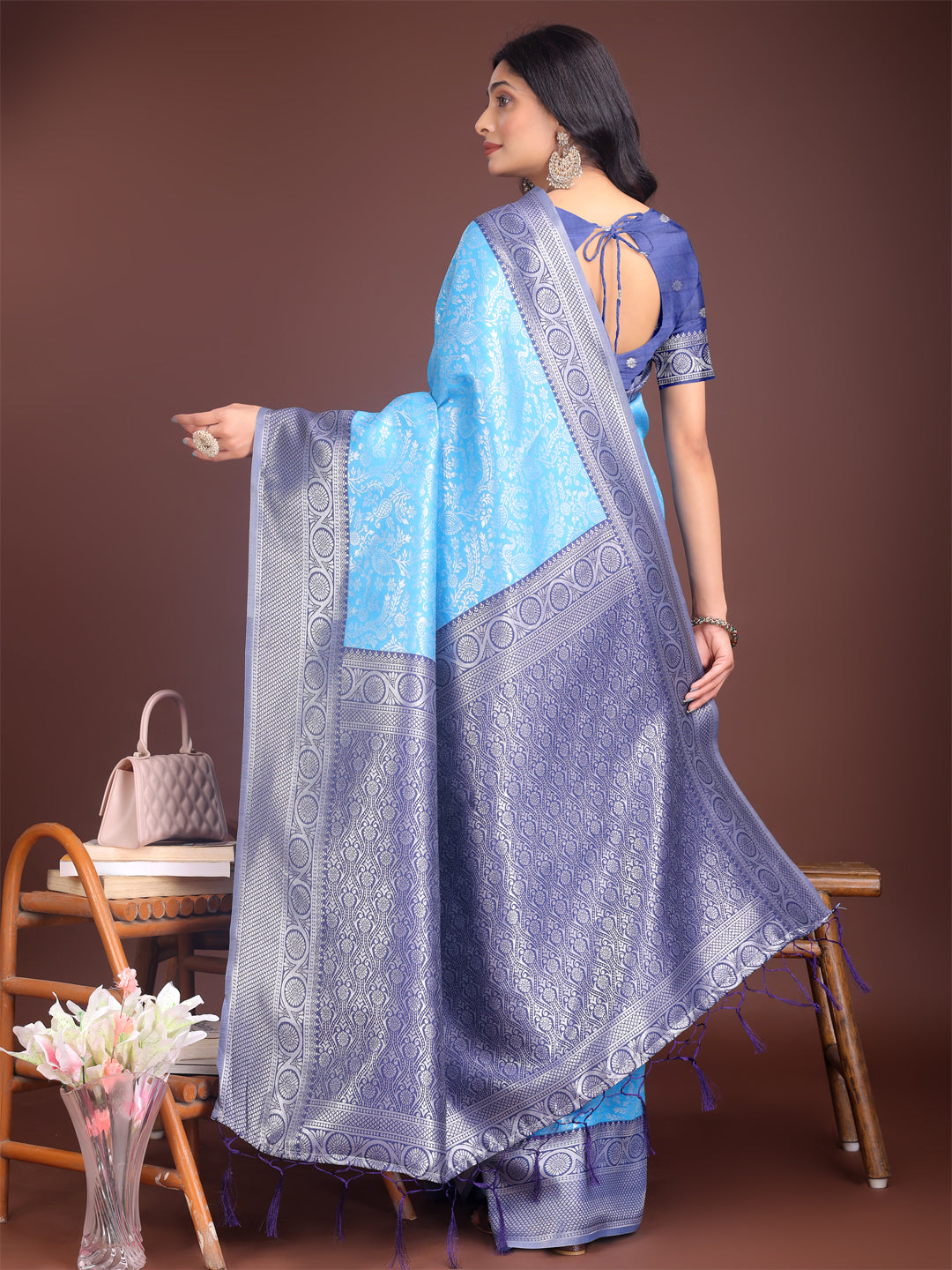 Astita Graceful Sky Blue & Blue Banarasi Silk Saree with Rich Zari Woven Border – Traditional Elegance for Celebrations