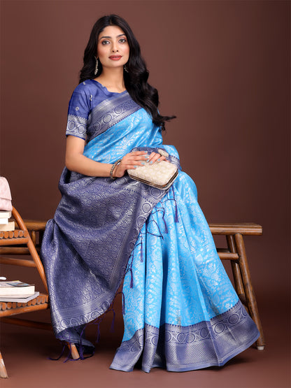 Astita Graceful Sky Blue & Blue Banarasi Silk Saree with Rich Zari Woven Border – Traditional Elegance for Celebrations