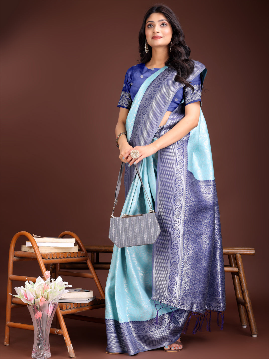 Astita Graceful Teal & Blue Banarasi Silk Saree with Rich Zari Woven Border – Traditional Elegance for Celebrations