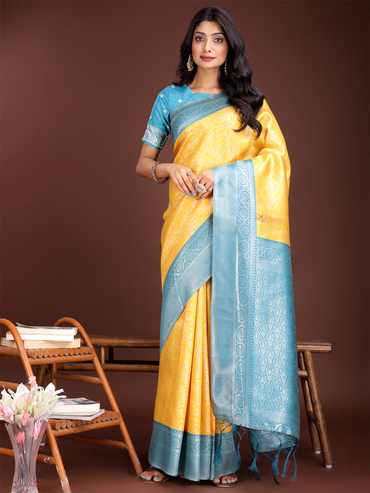 Astita Graceful Yellow & Blue Banarasi Silk Saree with Rich Zari Woven Border – Traditional Elegance for Celebrations