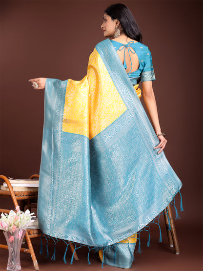 Astita Graceful Yellow & Blue Banarasi Silk Saree with Rich Zari Woven Border – Traditional Elegance for Celebrations
