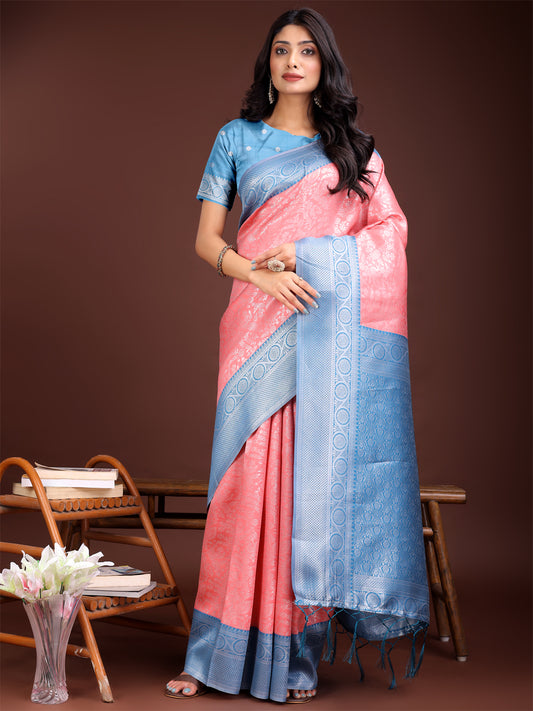 Astita Graceful Peach & Blue Banarasi Silk Saree with Rich Zari Woven Border – Traditional Elegance for Celebrations