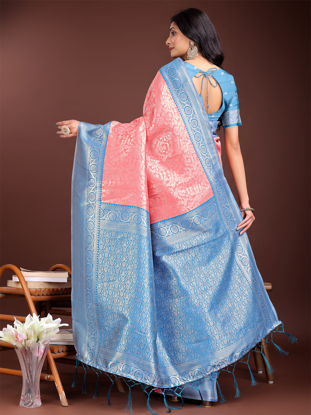 Astita Graceful Peach & Blue Banarasi Silk Saree with Rich Zari Woven Border – Traditional Elegance for Celebrations