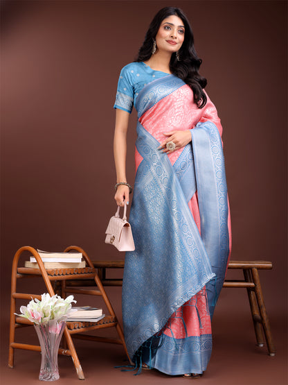 Astita Graceful Peach & Blue Banarasi Silk Saree with Rich Zari Woven Border – Traditional Elegance for Celebrations