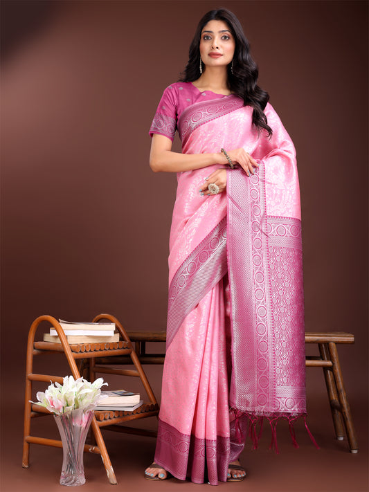 Astita Graceful Light Pink & Pink Banarasi Silk Saree with Rich Zari Woven Border – Traditional Elegance for Celebrations