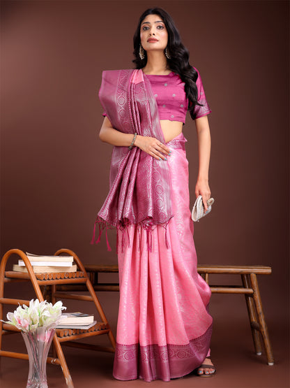 Astita Graceful Light Pink & Pink Banarasi Silk Saree with Rich Zari Woven Border – Traditional Elegance for Celebrations