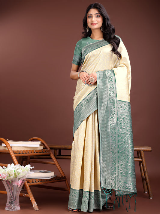 Astita Graceful Cream & Green Banarasi Silk Saree with Rich Zari Woven Border – Traditional Elegance for Celebrations