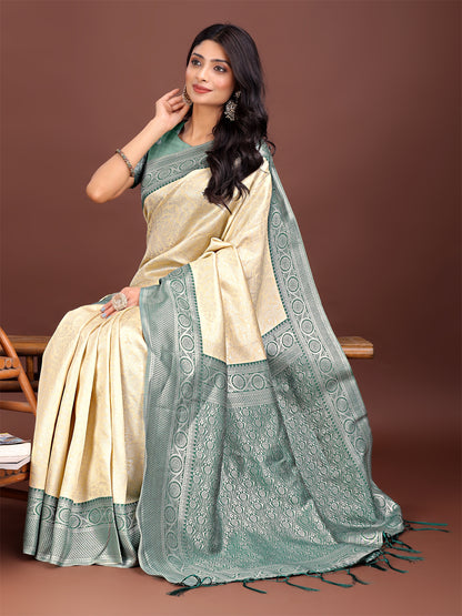 Astita Graceful Cream & Green Banarasi Silk Saree with Rich Zari Woven Border – Traditional Elegance for Celebrations