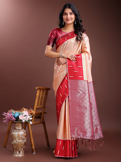 Astita Orange & Maroon Lichi Silk Saree with Rich Zari Pallu & Tassels – Soft Festive Wear Saree for Women